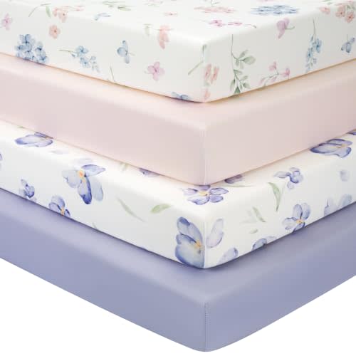 Mini Crib Sheets 38" x 26", Pack and Play Sheets Fitted for Pack n Play Mattress,4 Pack Soft Stretchy Microfiber Pink Purple Floral