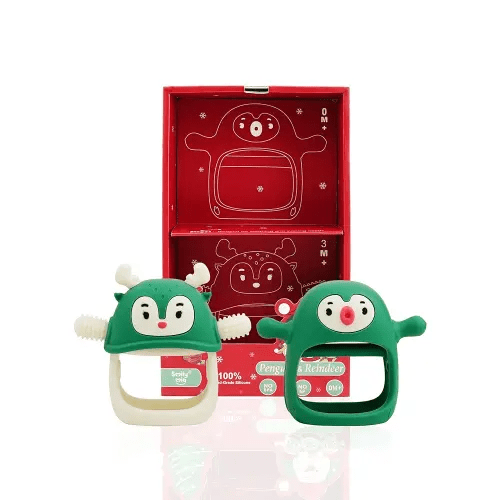 Smily Mia Baby Christmas Stocking Stuffers - Penguin Teether for 0-6M, Reindeer Chew Toys for 3-6M, Teething Mittens for 6-12M, Pine Green