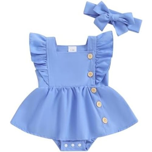 Madjtlqy Newborn Baby Girl Summer Clothes Romper Dress Ruffle Sleeve Solid Color Outfits with Headband