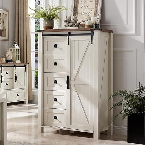T4TREAM 5 Drawers Dresser for Bedroom w/Sliding Barn Door, Farmhouse Modern Tall Dresser 5 Chest of Drawers, Storage Organizer for Bedroom, Hallway, Living Room, Kids Room, Antique White