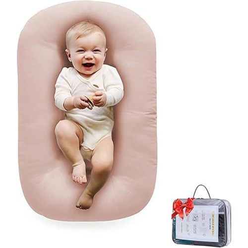 Baby Lounger, Baby Lounger for Newborn 0-24 Months, 100% Breathable Cotton Baby Nest for Tummy Time & Diaper Changes, Portable Infant Essentials for Home & Outdoor(Pink)