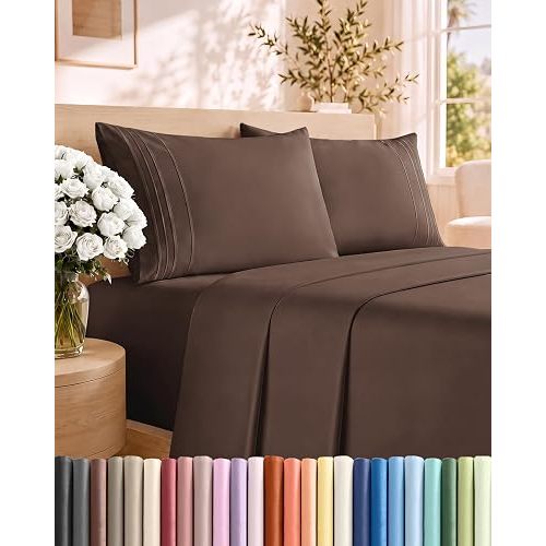 King Size 4 Piece Sheet Set - Comfy Breathable & Cooling Sheets - Brown