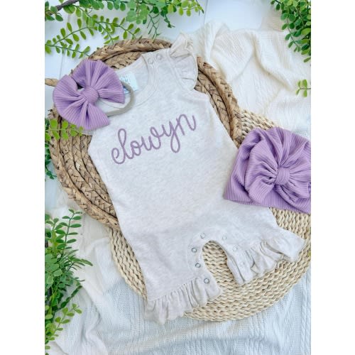 Personalized baby girl romper, vintage floral infant coming home outfit, baby shower gift, newborn outfit ruffle flutter, custom name purple