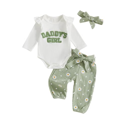 Tsnbre Newborn Baby Girl Outfits Daddys Girls Ruffle Long Sleeve Romper Top Pants Headband Infant Fall Winter Clothes