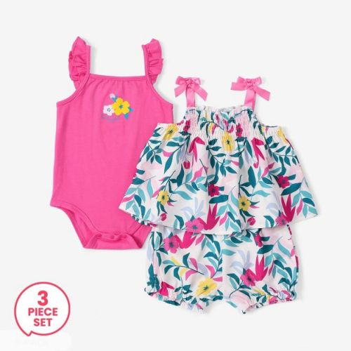PATPAT 3 Piece Baby Girl Ruffled Romper Jumpsuit and Floral Print Cami Top and Shorts Outfit Set