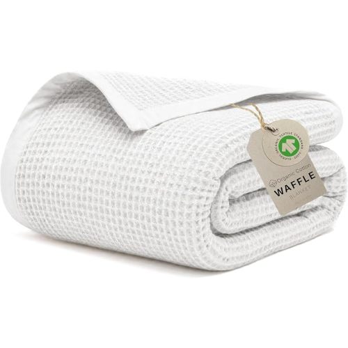 White GOTS Certified 55"X60" Throw 100% Organic Cotton Waffle Blanket