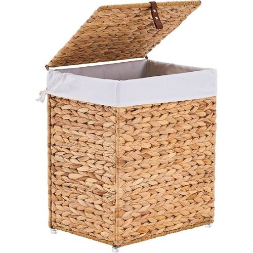 Handwoven Laundry Basket with Lid, Natural Water Hyacinth Storage Basket with Handle, Wicker Laundry Hamper with Removable Cotton Liner and 2 Mash Bags