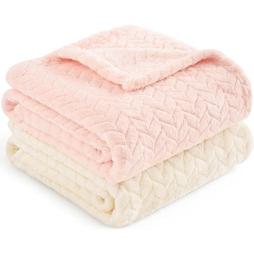 KeaBabies Soft Fleece Baby Blanket for Girls,Boys (2pk Serene, Cream/Blush)