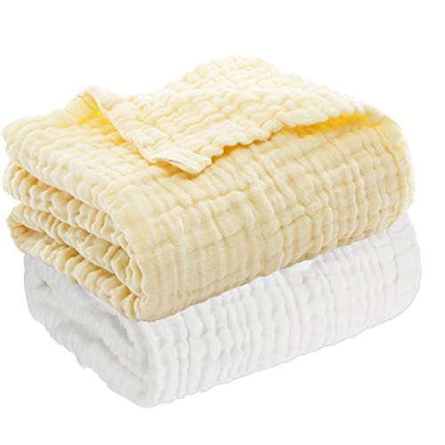 Aablexema Baby Muslin Bath Towels - Set of 2 Large Size 43X43 Inches Swaddle Blanket for Newborn Toddlers Boys Girls (White & Yellow)