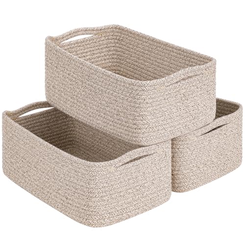 Goodpick 3-Pack Rope Storage Baskets for Closet Organizing, 13 x 8 x 5 | Woven Baskets for Shelves Fit Bedroom Lving Room, Large Baskets for Gift Empty, Dog Toy Basket for Pets, White & Brown