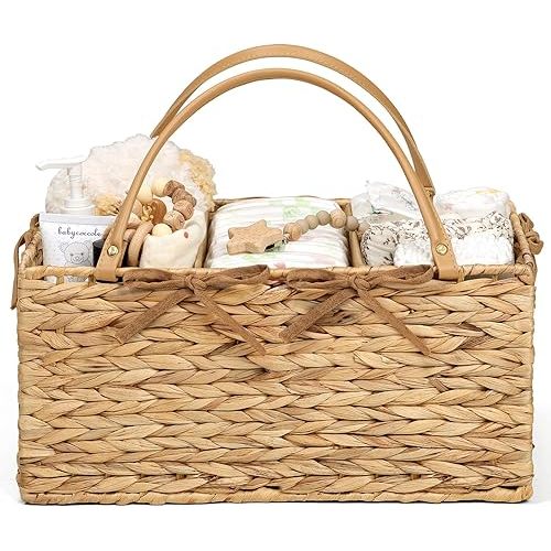 Klippehop Diaper Caddy Organizer, Hand Rattan Nursery Storage Basket for Baby Essentials, Baby Changing Table Organizer Perfect Nursery Assistant, Easy Assemble (Natural Light, L)