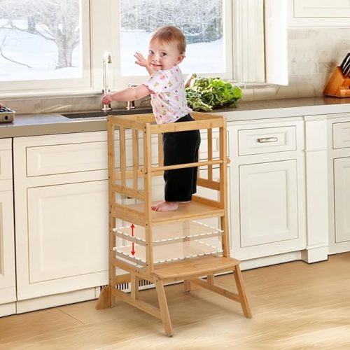 COSYLAND Toddler Standing Tower - Adjustable Height Toddler Kitchen Stool Helper - Kids Kitchen Step Stool for Learning with Removable Safety Railing Natural