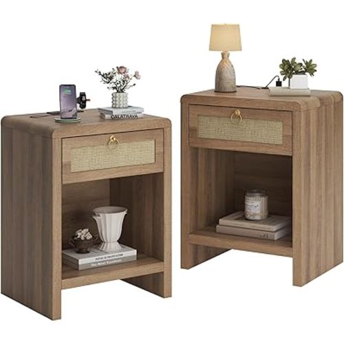 Rattan Nightstand Set of 2, Nightstand with Charging Station, Boho Bedside Table End Table with Drawer and Storage Shelf, Wood End Table Night Stand for Bedroom, Small Space, Natural Oak