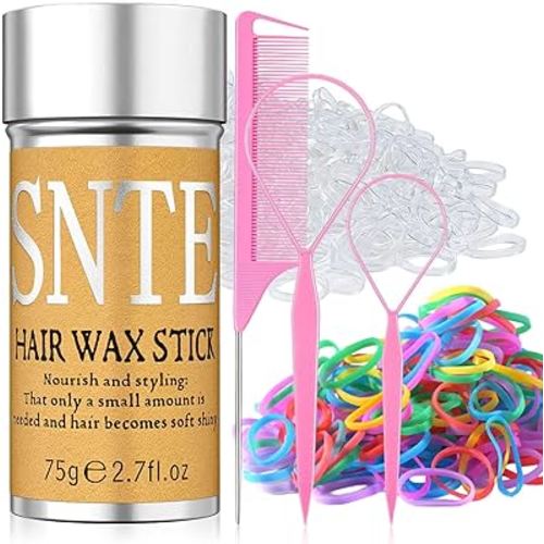 Hair Wax Stick & Styling Accessories - Smooths Flyaways for Kids & Women, 1000 Elastic Hair Ties, 1 Slick Back Hair Brush, 2 Hair Loop Styling Tools - Creates Ponytails & Braids for Teen Girls Gifts