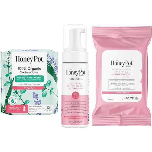 The Honey Pot Company - Postpartum Pads, Wash, & Wipe Bundle - Postpartum Essentials - 12ct Pads, Witch Hazel Feminine Wash, 20ct Witch Hazel Feminine & Hemorrhoid Wipes