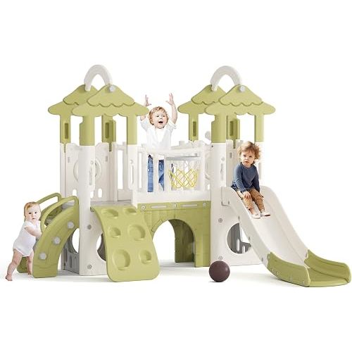 Glaf Toddler Slide 9 in 1 Jungle Slide Outdoor Playset for Toddlers Age 1+ Kids Baby Indoor Playground for Backyards with Climbing Wall Grassroof Basketball Hoop Telescopes and Storage Space (Green)