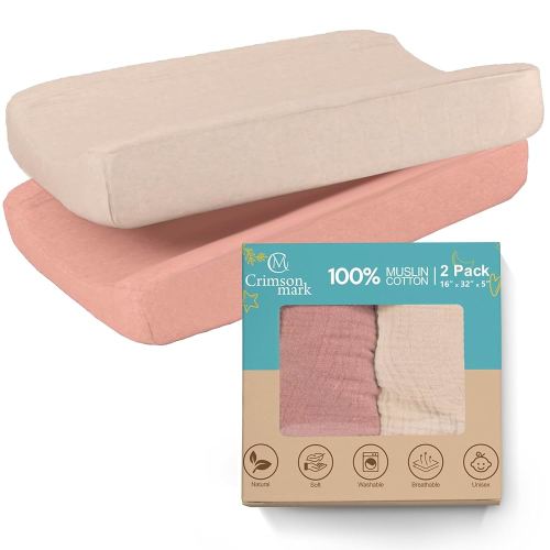 Funda para cambiador de pañales 100% de muselina ultra suave de 120 GSM, funda para cambiador de pañales para niñas y niños, fácil de lavar, con baja contracción (paquete de 2, beige/arena)