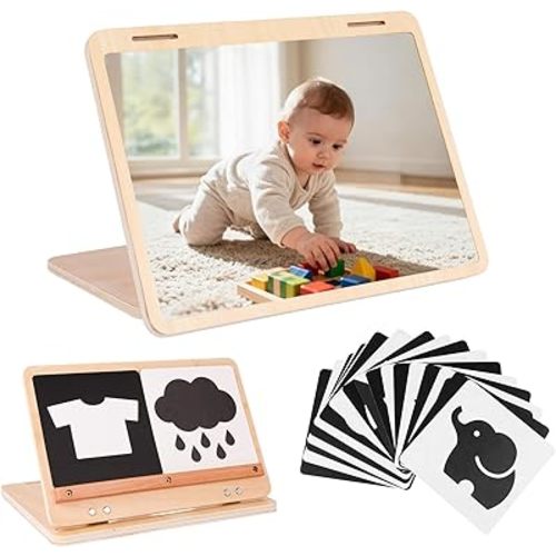 Tummy Time Mirror Large Baby Mirror Toy and Card Display Stand with Black and White High Contrast Baby Cards Double-Sided Design Adjustable Angle Montessori Mirror