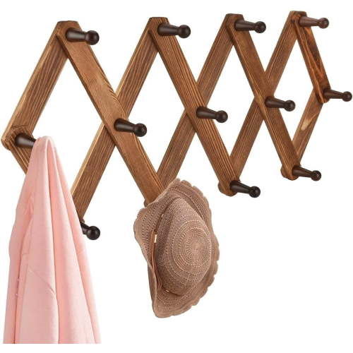 13-Hook Expandable Wooden Peg Rack, Vintage Accordion Wall Hanger for Hats, Coats, Scarves, Mugs & Jewelry