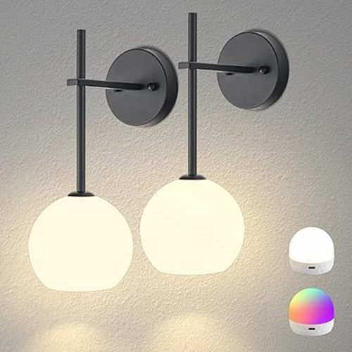 Black Battery Operated Wall Sconces Set of 2, Rechargeable Wireless Wall Lights with Milky White Frosted Glass Shade, 12 RGB and 3CCT Dimmable, Wall Lamps with Remote for Bedroom Living Room Hallway