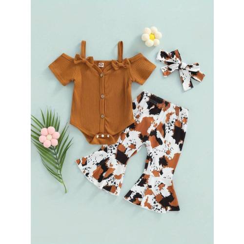 3Pcs Baby Girls Romper Outfit, Sweet Style Bow Short Sleeve Suspender Jumpsuit + Irregular Spot Bell-Bottomed Pants + Headwear | SHEIN USA