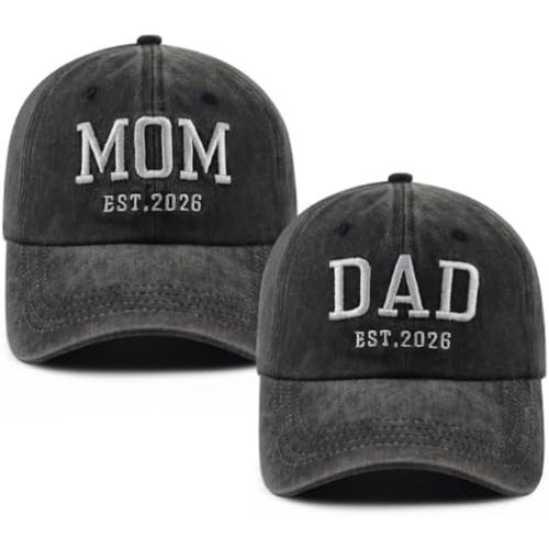 2PCS Mom and Dad EST 2026 Hat for Women Men, Funny Adjustable Cotton Embroidered New Parents Gifts Baseball Cap