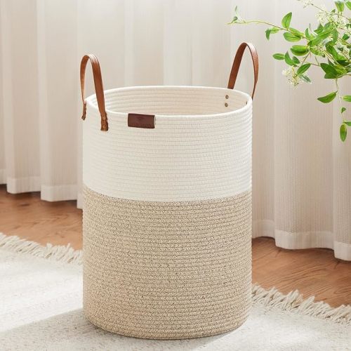 53L Tall Woven Rope Laundry Hamper, Leather Handles, White & Brown