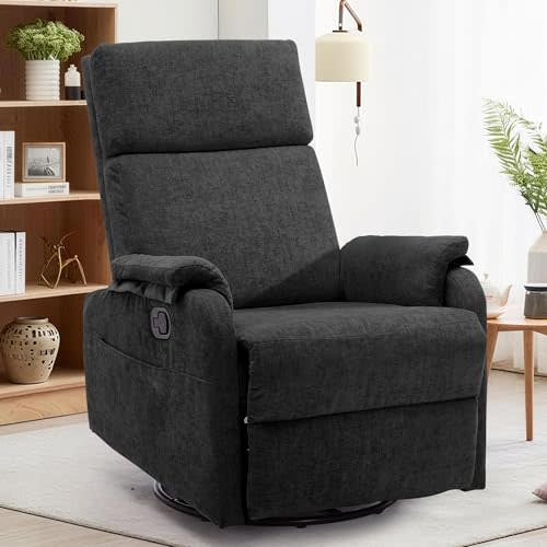 Korser Recliner Chair, Swivel Rocking Recliner Chair for Adults, Glider Rocking Chair, Small Nursery Chair Recliner for Living Room, Reclining Chair with Modern-Designed Armrests, Chenille, Black