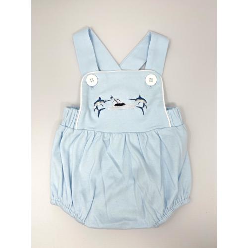 Boys Monogram bubble romper, blue marlin summer bubble romper, embroidered boys fishing, sport fishing, baby bubble romper, ofishally one
