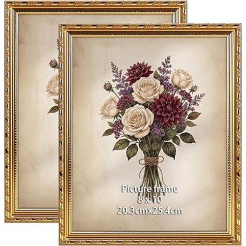 Giftgarden 8x10 Picture Frame Antique Gold, Ornate Embossed Flower Photo Frame for Wall or Tabletop Display, 2 Pack
