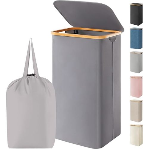 Lifewit 100L Laundry Basket with Lid, Clothes Hampers for Laundry with Bamboo Handles and 1 Removable Bag, Large Foldable Laundry Hamper for Bedroom, Bathroom, Dorm, Laundry Room, Gray