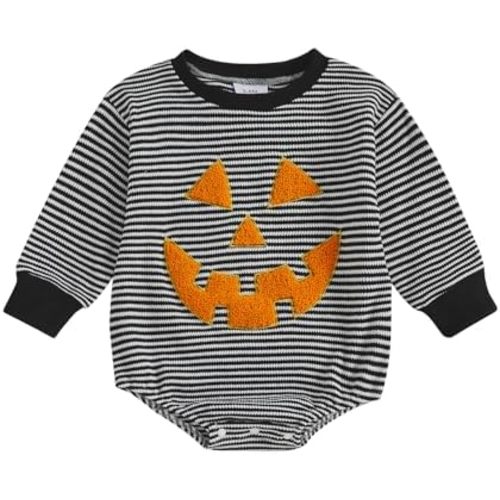 Karuedoo Newborn Baby Boy Girl Halloween Outfit Pumpkin Ghost Embroidery Stripe Long Sleeve Bubble Romper Waffle Bodysuit