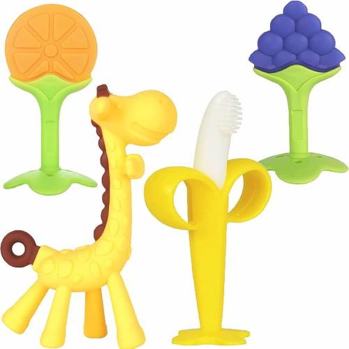 Chuya Teething Toys (4 Pack) Teething Toy for Baby, Teach Teeth Brushing ,BPA-Free,Chew Toy for Infants Toddlers Silicone Baby Teethers Giraffe Fruit Teething Stick for Babies 3 Months+