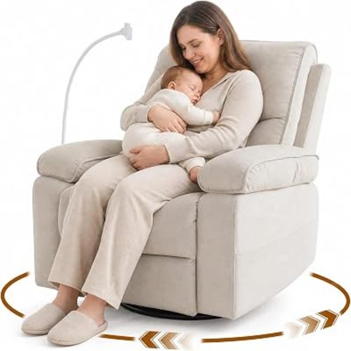 360° Swivel Glider Rocking Chair Nursery, Oversized Recliner with Phone Holder,Nursing Chairs for Breastfeeding with Wide Foot Rest for Living Room and Baby Room,Beige