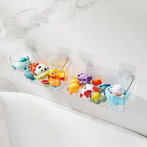 Bath Toy Storage Holder, Clear Bath Organizer Wall Mounted, Large Opening Shower Storage Basket for Bathtub (Clear 2 Pack)