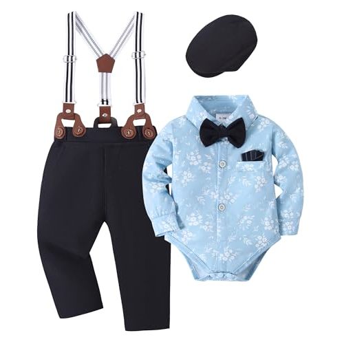 YALLET Baby Boy Outfits Suits Infant Formal Dress Clothes Gentleman Wedding Print Shirt+Beret Hat+Suspender Pants+Bowtie
