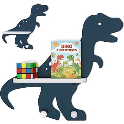 Dinosaur Wall Shelf for Kids – Dino Wall Decor for Boys & Girls Nursery, Toy Trinket Display with Hooks, 3 Playful Dinosaur Designs