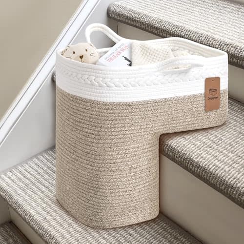 Woven Stair Basket, Stair Baskets for Wooden Stairs, Carpeted Stairs Storage Basket with Handles, Staircase Baskets for Toys, Books, Brown, 15” L x 10” W x 15” H