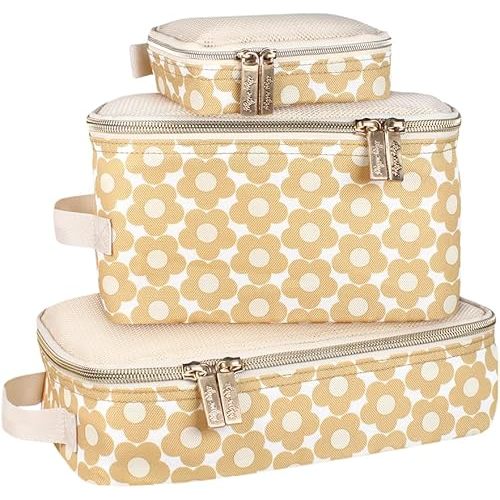 Itzy Ritzy Packing Cubes for Travel – Set of 3 Packing Cubes or Travel Organizers; Each Cube Features a Mesh Top, Double Zippers and a Fabric Handle (Milk & Honey)