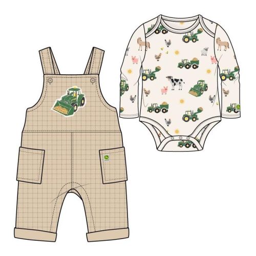 John Deere Baby Boys' 2-Piece Allover Print Bodysuit and Overalls Set Khaki Cream 3-6 Months