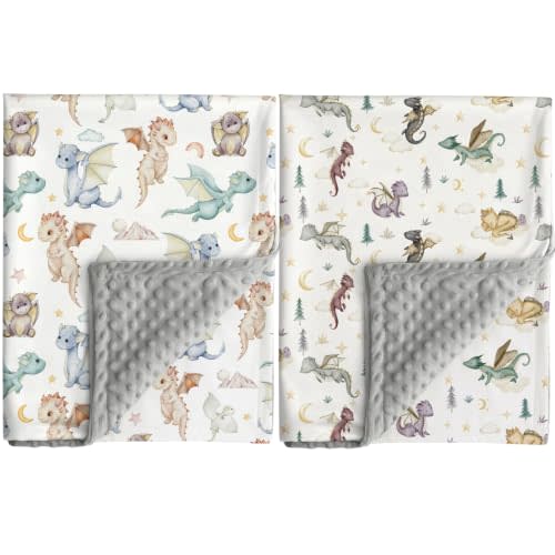 Dragon Baby Blanket DND Gender Neutral Minky Blankets for Newborn Baby Girls or Boys Nursery Toddler Double Layer Blanket with Dotted Backing and Dragon Printed (White)