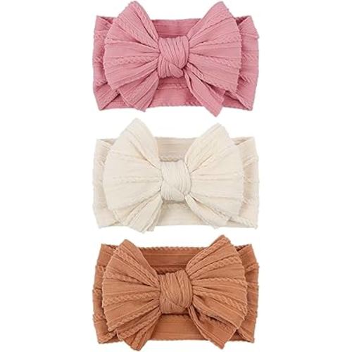 LemonSpce Handmade Baby Bows for baby girls Stretchy Nylon Hair Bands Hair Accessories with Headbands Bows for Newborn Baby Girls Infant Toddlers Kids Bow(Pink Brown light Beige)