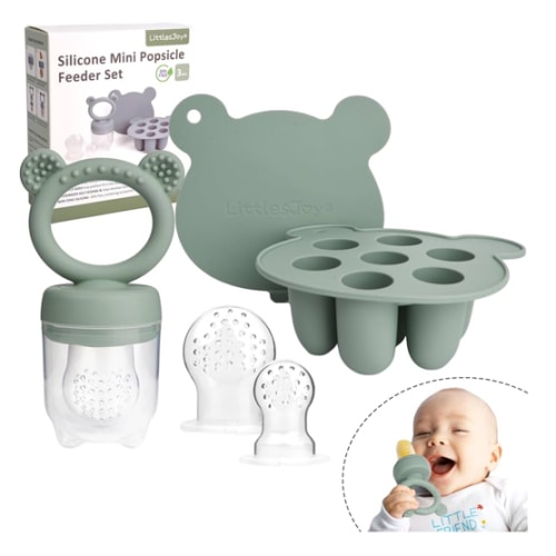 Silicone Baby Fruit Feeder & Freezer Tray Set, Breast Milk Popsicle Mold, BPA Free for 3+ Months, Includes Silicone Pouches (Sage)