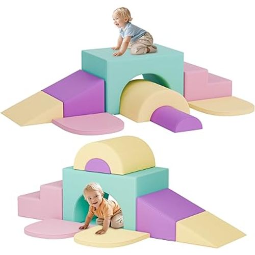 MU ‌Soft Climbing Toys for Toddlers, 7-Piece Baby Soft Foam Climbing Blocks, PU Leather Gym Climb and Crawl Activity Play Set, Indoor Climbing Toys for Kids and Children, Pink