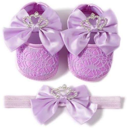 Newbron Baby Girls Mary Jane Shoes with Headband Soft Sole Anti-skidding Crown Bowknot Lace Princess Flats Infant Shower Wedding Dress Crib Shoes