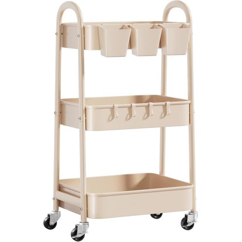 Khaki 3 Tier Rolling Cart Metal on Wheels, Three Tiered Storage Organizer Utility Trolley with Wheels for Art, Craft, Baby Diaper Caddy, Snack, Book, Nail, Lash, Cleaning Supplies, Kitchen, Bathroom