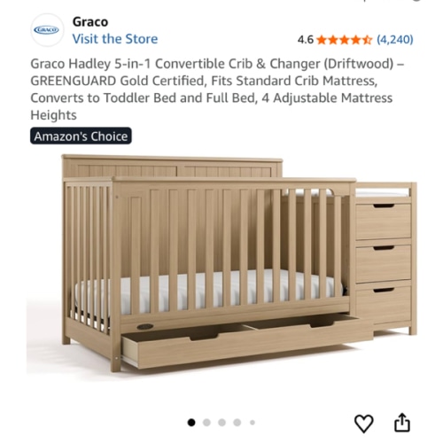 Graco Hadley 5-in-1 Convertible Crib & Changer (Driftwood) – GREENGUARD Gold Certified, Fits Standard Crib Mattress, Converts to Toddler Bed and Full Bed, 4 Adjustable Mattress Heights