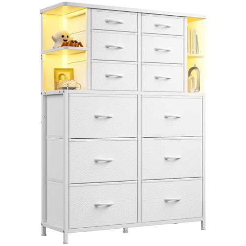 EnHomee White Dresser for Bedroom with 12 Drawers & LED Light, Open Shelves | Fabric Chests of Drawers for Living Room Entryway Hallway Closet, Space-Saving, Sorting and Storage, Metal Frame, Wood Top
