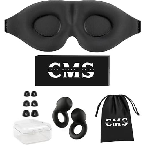3D Contoured Sleep Mask with Earplugs Set - 100% Blackout Memory Foam Eye Mask for Sleeping - Soft Comfortable Night Blindfold for Side Sleepers, Men & Women, Travel & Shift Work (Black)