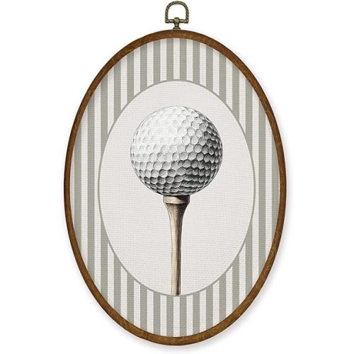 WULQYING Golf Ball Sports Nursery Wall Art Decor, Boys Room Oval Framed Canvas Art Prints, Neutral Striped Sport Lover Gift Wall Hanging Decor for Kids Nursery Room Playroom, 8.5x11.3 Inches